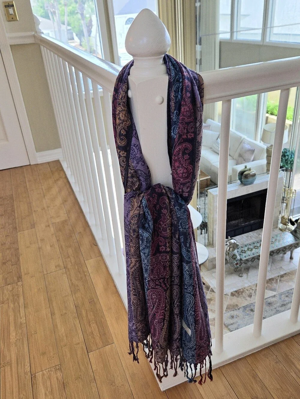 Paisley Pashmina Wrap Purple Blue 70% Pashmina 30% Silk Scarf XL Shawl + Fringe